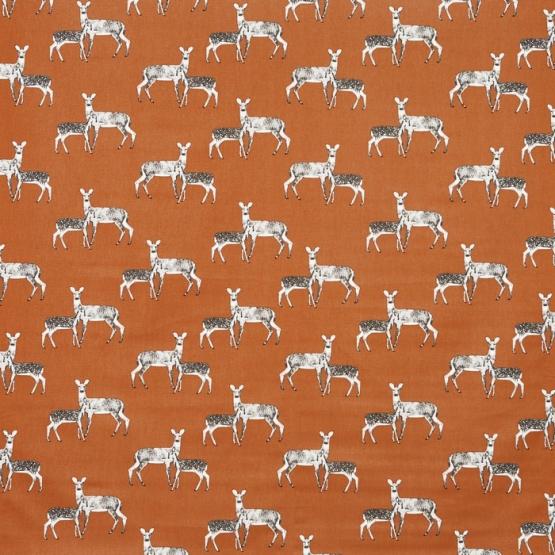 Tkanina zasłonowa z motywem zwierzęcym-jeleń na pomarańczowo rudym tle