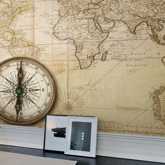Fototapeta na ścianę z motywem mapy świata z kompasem w stylu retro-aranżacja