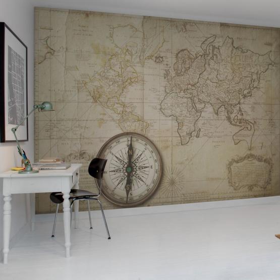 Fototapeta ścienna- stylizowana mapa świata z kompasem-aranżacja