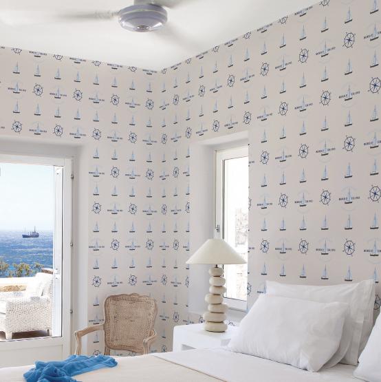 Tapeta na ścianę-styl marynarski-niebieskie żaglówki na szarym tle-aranżacja