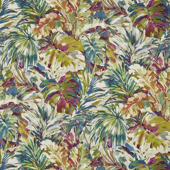 tkanina zasłonowa, dekoracyjna z motywem liści palmowych_zieleń, fiolet, turkus