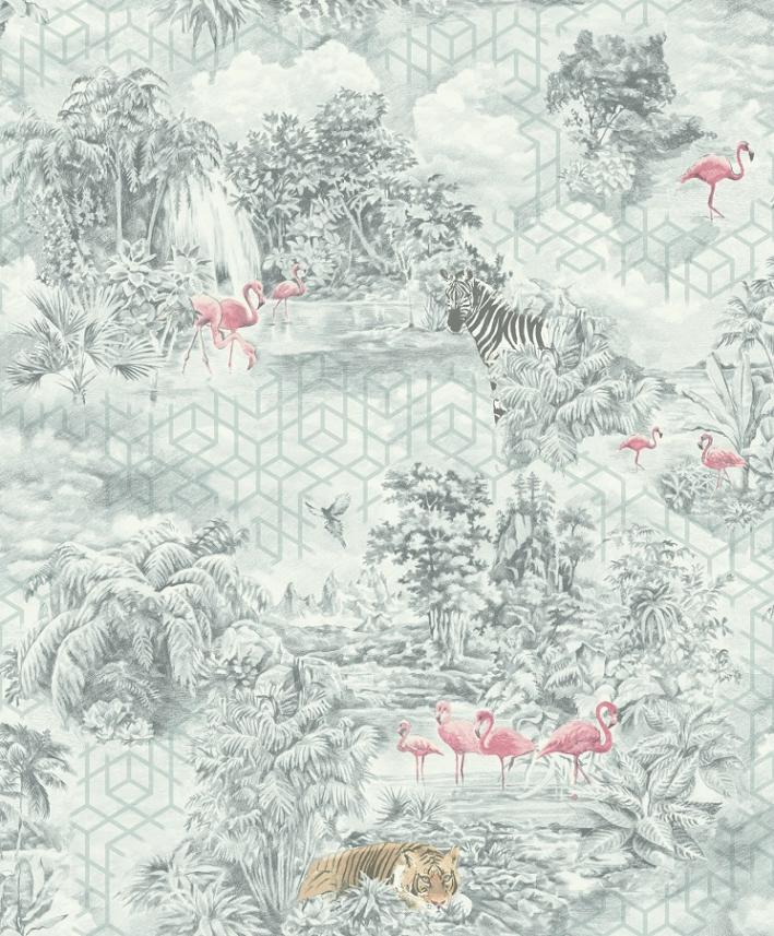 tapeta ścienna - Holden Kaleidoscope - wzór tropiki - flamingi - tygrysy - zieleń 