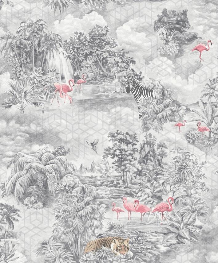 tapeta ścienna - Holden Kaleidoscope - wzór tropiki - flamingi - tygrysy - szary