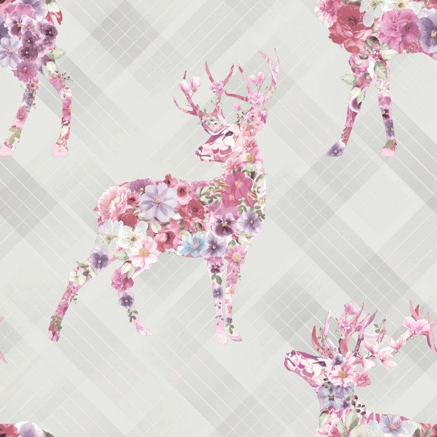 tapeta ścienna - Holden Kaleidoscope - wzór kwiatowe jelenie - różowy - szary 