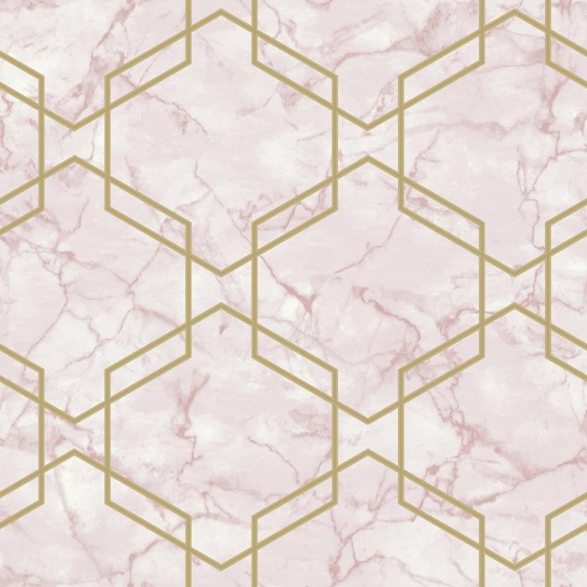 tapeta ścienna - Holden Kaleidoscope - wzór sześciokąty - marmur - złoto - różowy 