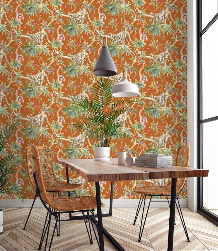 tapeta ścienna - Holden Kaleidoscope - wzór dżungla - pomarańczowe tło - zdjęcie aranżacyjne 