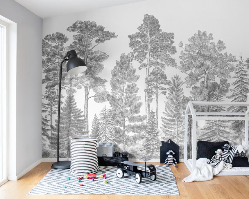 Fototapeta las czarno-biała - pomysł na sypialnię - aranżacja