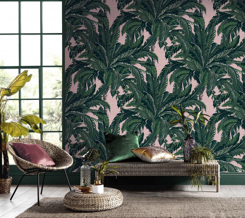 tapeta ścienna z duże liście palm - salon - zielony i różowy - Genesis 112018