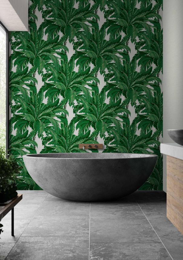 tapeta ścienna z duże liście palm - salon - zielony i perłowy - Genesis 112020