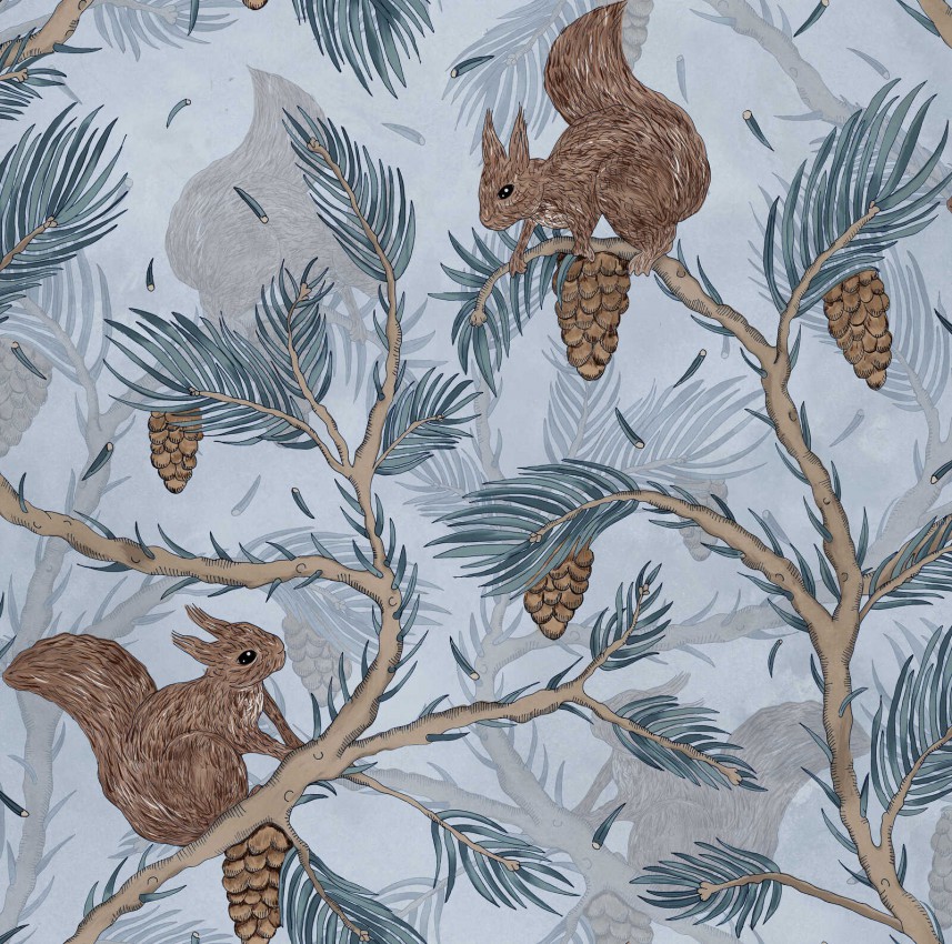 tapeta ścienna - do pokoju dziecięcego - wiewiórki - 17982 - niebieski