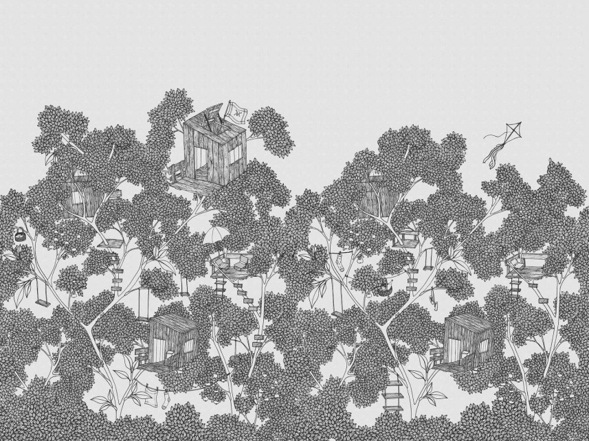 Fototapeta ścienna na wymiar - domki na drzewie -w tonacji szarej-Playground-Graphite